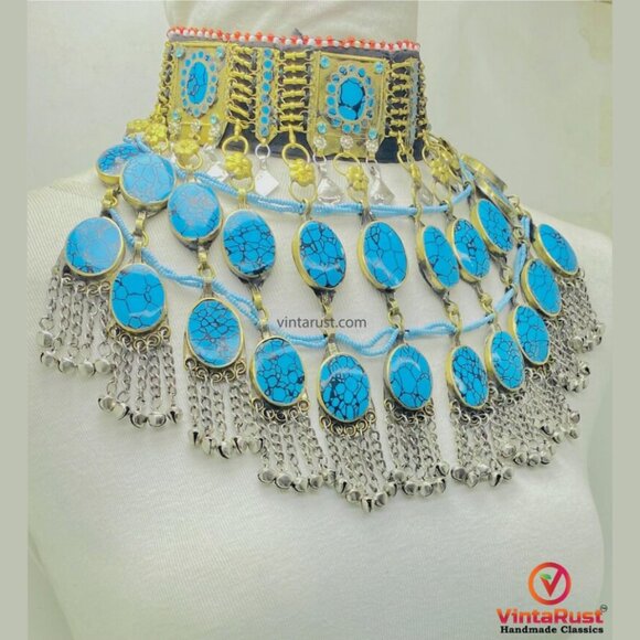 Turquoise Stone Afghan Choker: Tribal Kuchi Jewelry Statement Necklace - Picture 3 of 7